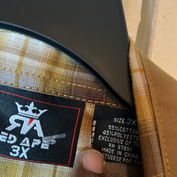 Red Ape Cotton Stretch Shirt Mens 3XL XXXL Brown Plaid Casual Embroidered Pocket - Picture 3 of 8